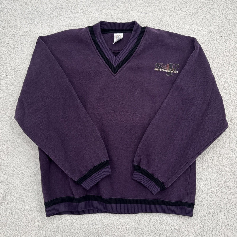San Francisco Golden Gate Bridge V-Neck Sweater Men Size XL Purple Black Heavy